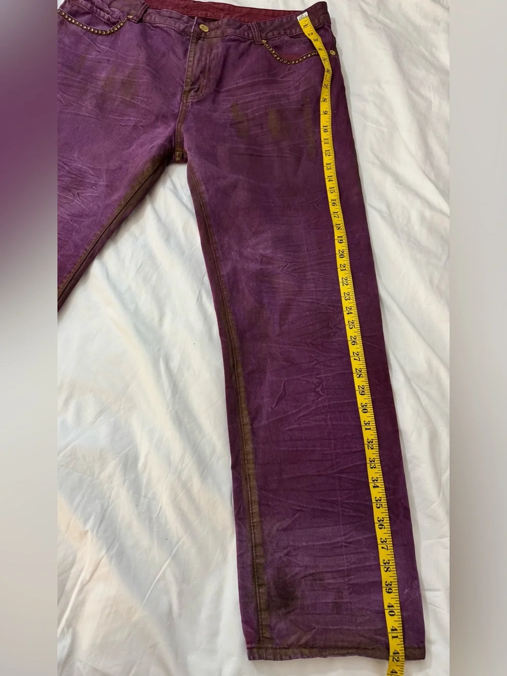 Robin's Jean Men's Burgundy Gold Acid Wash Tie Dye Straight Studded Jeans Sz 42